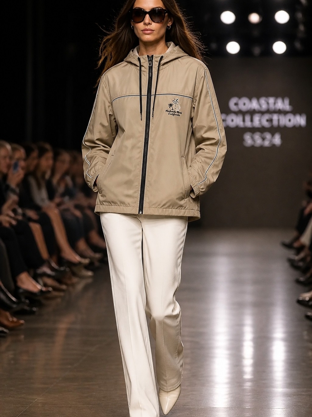 Light Tan Hooded Bomber Jacket with Contrast Trim